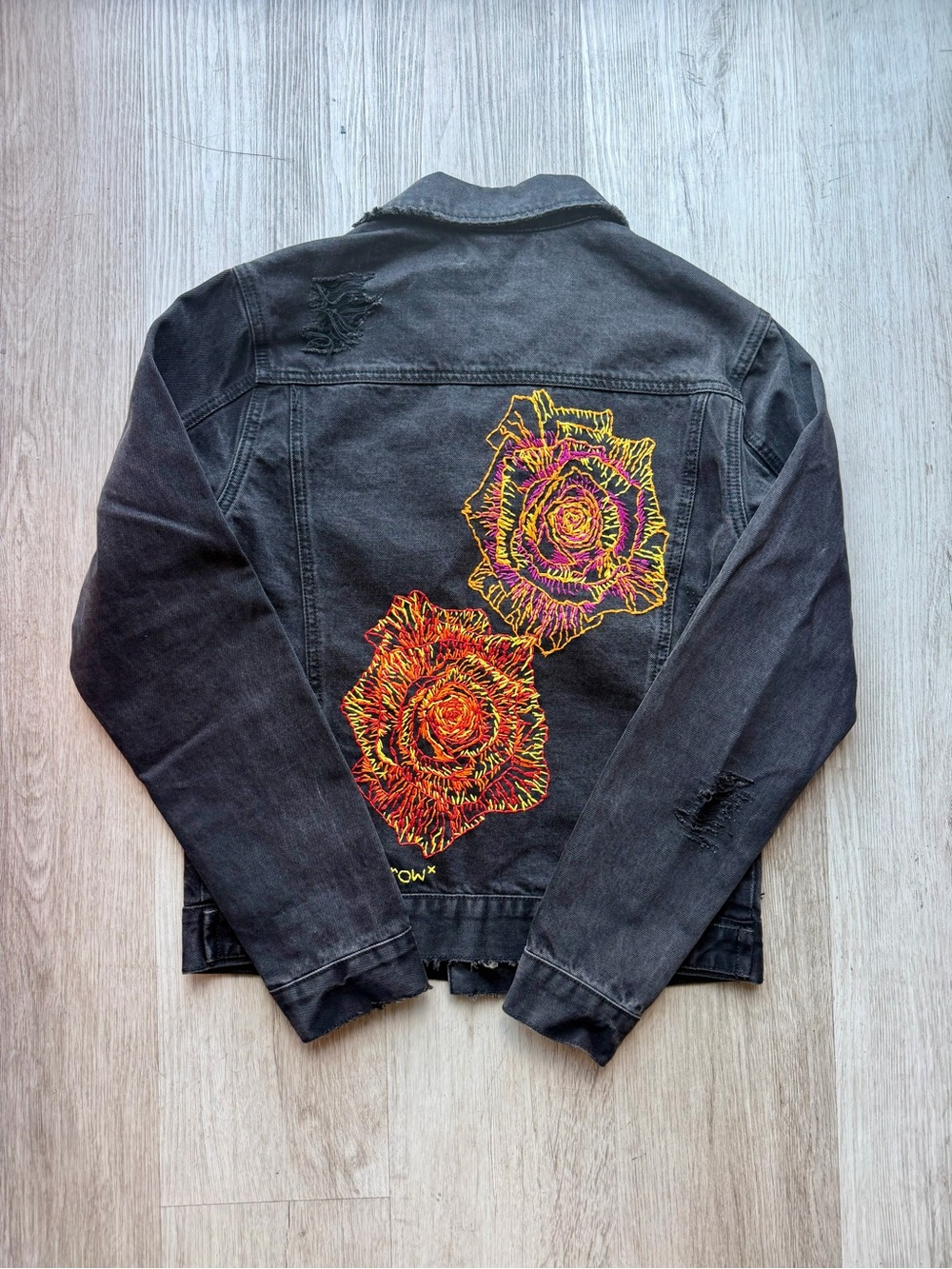One Of A Kind Black Denim Jacket with Hand Embroidered Orange & Pink Roses 🌹